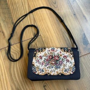 Vintage Floral Black Tapestry Crossbody Bag